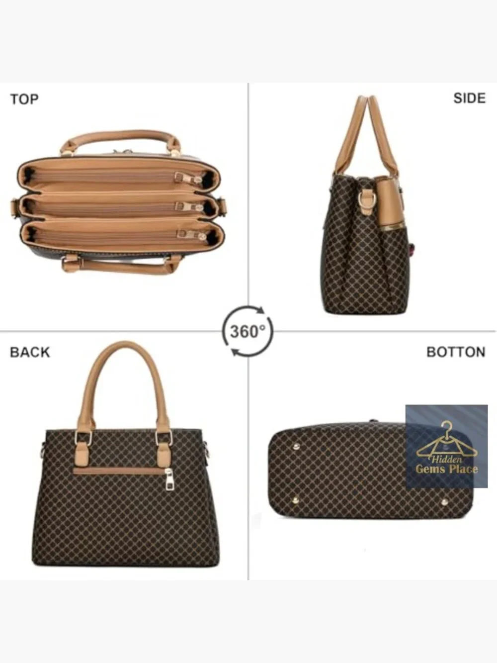 3 Zip Compartments Trendy Leather Tote Bag Shoulder Satchel Purse